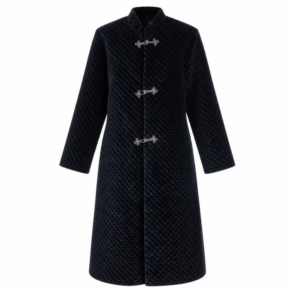 Chambers Black Quilted Velvet Duster Coat Silk Frog Closure Italy Mens M